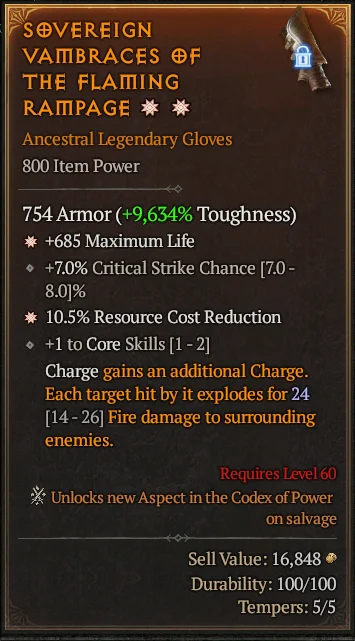 BUY SOVEREIGN VAMBRACES OF THE FLAMING RAMPAGE 1S#3640-Diablo 4 Items