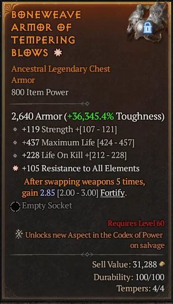 BUY BONEWEAVE ARMOR OF TEMPERING BLOWS 1S#3640-Diablo 4 Items