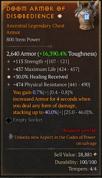 BUY DOOM ARMOR OF DISBEDIENCE 1S#3640-Diablo 4 Items