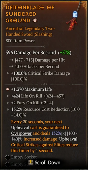 BUY DEMONBLADE OF SUNDERED GROUND 1S#3640-Diablo 4 Items