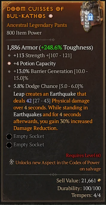 BUY DOOM CUISSES OF BUL-KATHOS 1S#3640-Diablo 4 Items