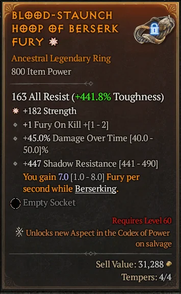 BUY BL&hearts;D-STAUNCH H&hearts;P OF BERSERK FURY 1S#3640-Diablo 4 Items