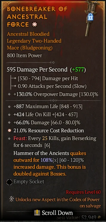 BUY BONEBREAKER OF ANCESTRAL FORCE ANCESTRAL BLOODIED 1S#3640-Diablo 4 Items