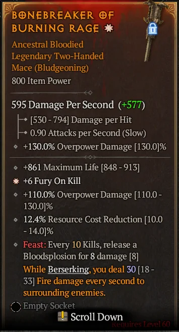 BUY BONEBREAKER OF BURNING RAGE ANCESTRAL BLOODIED 1S#3640-Diablo 4 Items